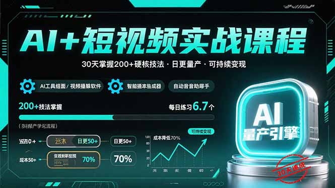 AI+短视频实战课程：30天掌握200+硬核技法，实现日更量产可持续变现云米网创-专注分享网络创业落地实操课程 – 全网首发_高质量项目输出云米网创