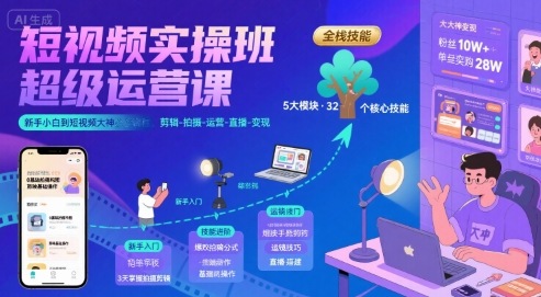 短视频实操班超级运营课，新手小白到短视频大神必修课程，剪辑-拍摄-运营-直播-变现云米网创-专注分享网络创业落地实操课程 – 全网首发_高质量项目输出云米网创