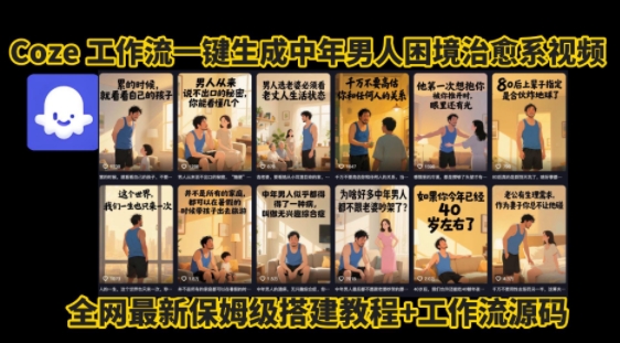 coze工作流一键生成”中年男人困境扎心高涨粉高播放量图文视频”保姆级拆解教程，无需剪辑，无需拍摄写文案云米网创-专注分享网络创业落地实操课程 – 全网首发_高质量项目输出云米网创