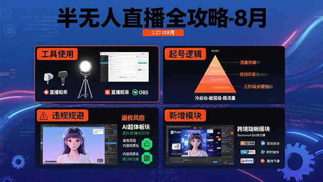 半无人直播全攻略-8月：工具使用+起号逻辑+违规规避,新增AI超体与跨境模块云米网创-专注分享网络创业落地实操课程 – 全网首发_高质量项目输出云米网创