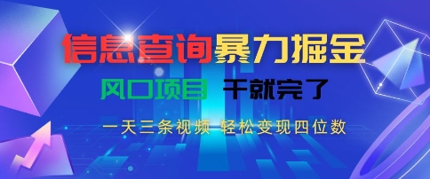信息查询暴力掘金，一天三条视频，轻松变现四位数，风口项目干就完了【揭秘】云米网创-专注分享网络创业落地实操课程 – 全网首发_高质量项目输出云米网创