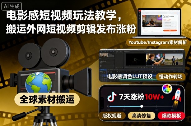 电影感短视频玩法教学，搬运外网短视频剪辑发布涨粉云米网创-专注分享网络创业落地实操课程 – 全网首发_高质量项目输出云米网创