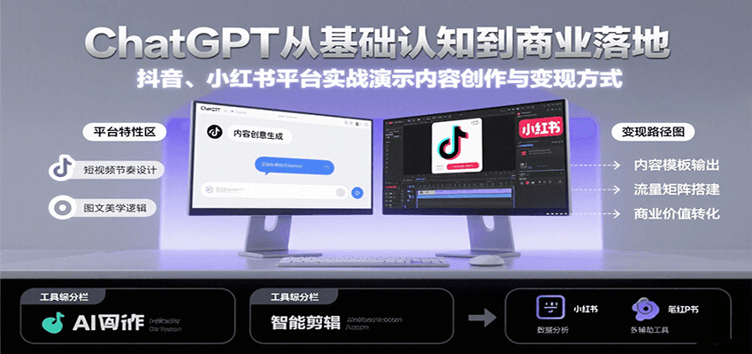 ChatGPT从基础认知到商业落地，实战演示抖音、小红书等平台的内容创作与变现云米网创-专注分享网络创业落地实操课程 – 全网首发_高质量项目输出云米网创