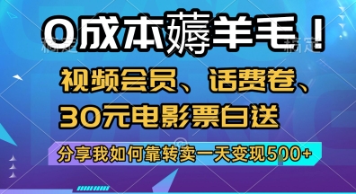 0成本薅羊毛!视频会员、话费卷、30元电影票白送，分享我如何靠转卖一天变现5张+【揭秘】云米网创-专注分享网络创业落地实操课程 – 全网首发_高质量项目输出云米网创
