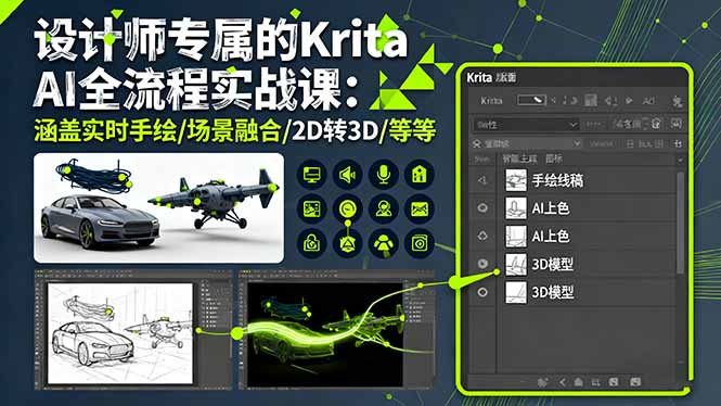 设计师专属的Krita AI全流程实战课：涵盖实时手绘/场景融合/2D转3D/等等云米网创-专注分享网络创业落地实操课程 – 全网首发_高质量项目输出云米网创