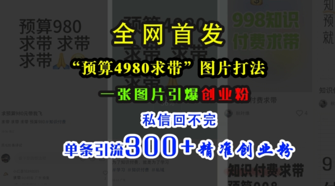 小红书“预算4980带我飞”图片打法，一张图片引爆创业粉，私信回不完，单条引流300+精准创业粉云米网创-专注分享网络创业落地实操课程 – 全网首发_高质量项目输出云米网创