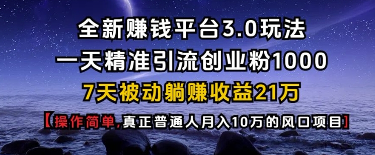 全新赚钱平台3.0玩法一天精准引流创业粉1000.7天被动躺Z收益21W【仅揭秘】云米网创-专注分享网络创业落地实操课程 – 全网首发_高质量项目输出云米网创
