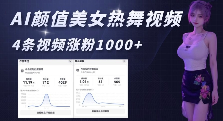 AI颜值美女热舞视频，4条视频涨粉1000+，实测6分钟一条云米网创-专注分享网络创业落地实操课程 – 全网首发_高质量项目输出云米网创